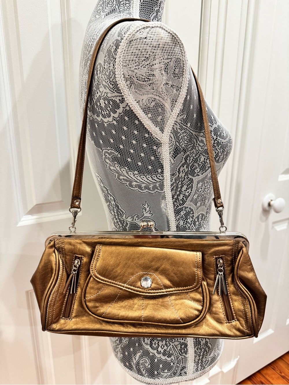 Bandolino Metallic Bronze Shoulder Bag with Front Pocket  Y2K Vintage Coquette